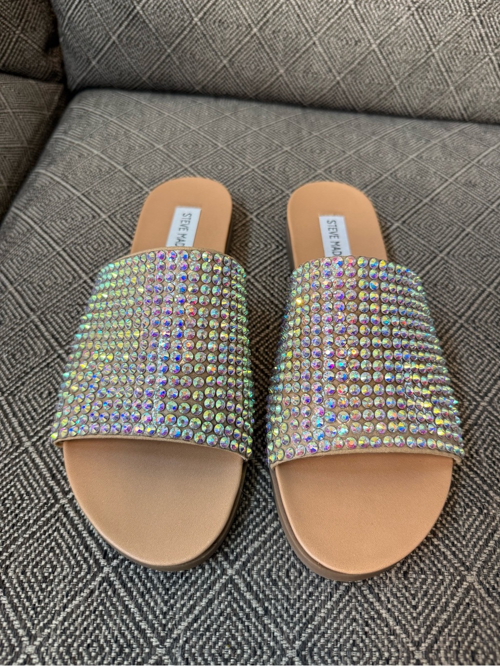 Steve Madden Tan Slide Sandals with Iridescent Crystal Straps